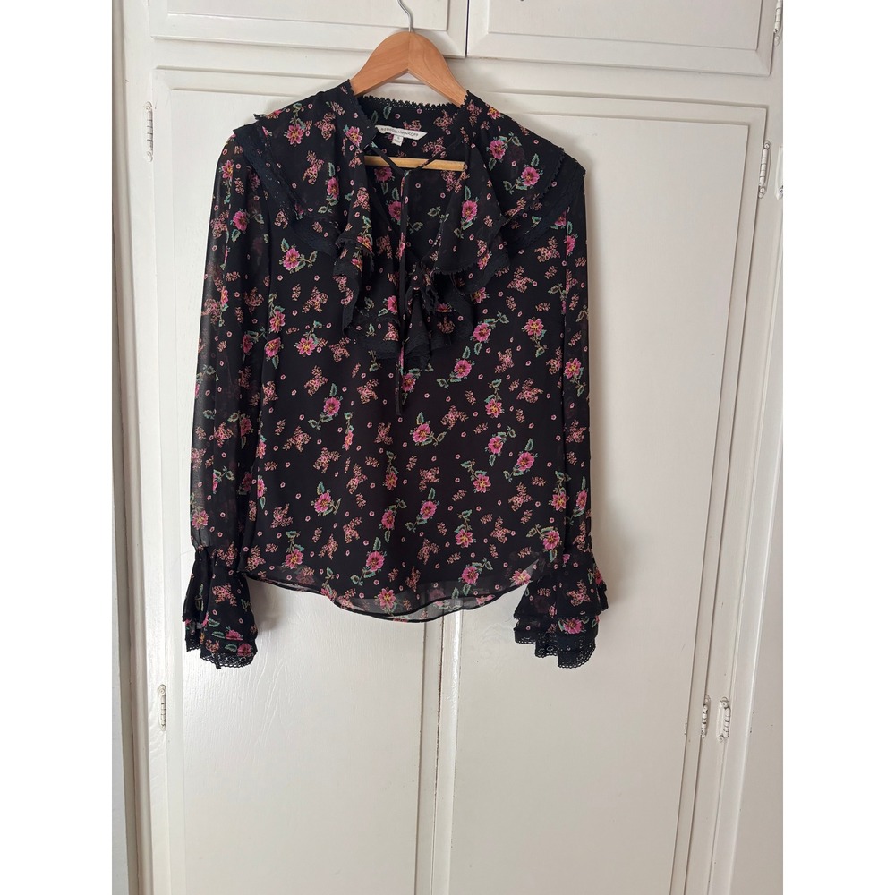 Rebecca Minkoff Devy Black Floral Ruffle Lace Trim Blouse Bell Sleeve Top Small